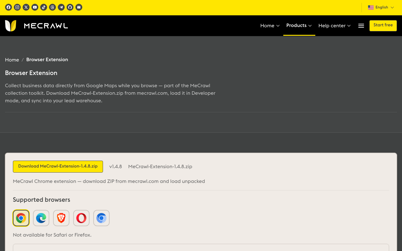 Click “Download MeCrawl-Extension.zip” on this page and unzip the package.