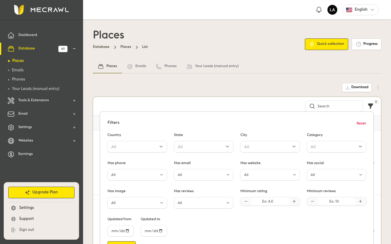 Apply filters: location, category, rating, contact fields.